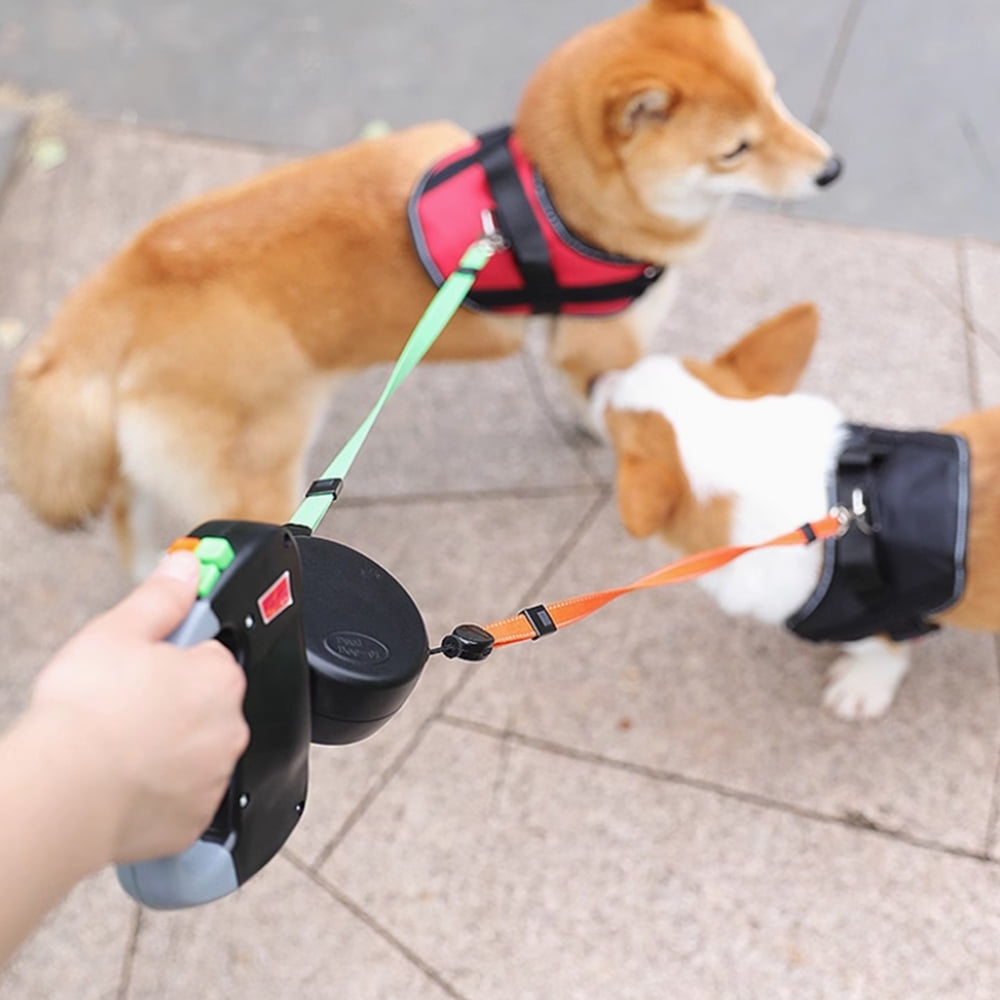 Two Dog Retractable Leash, 360° Rotate 10ft Multifunctional Dual Dog Leash, Separated Brake/Pause & Return Button, Strong Cord and Reflective Nylon Tape, 2 Dogs Up to 110 lbs Each, Black