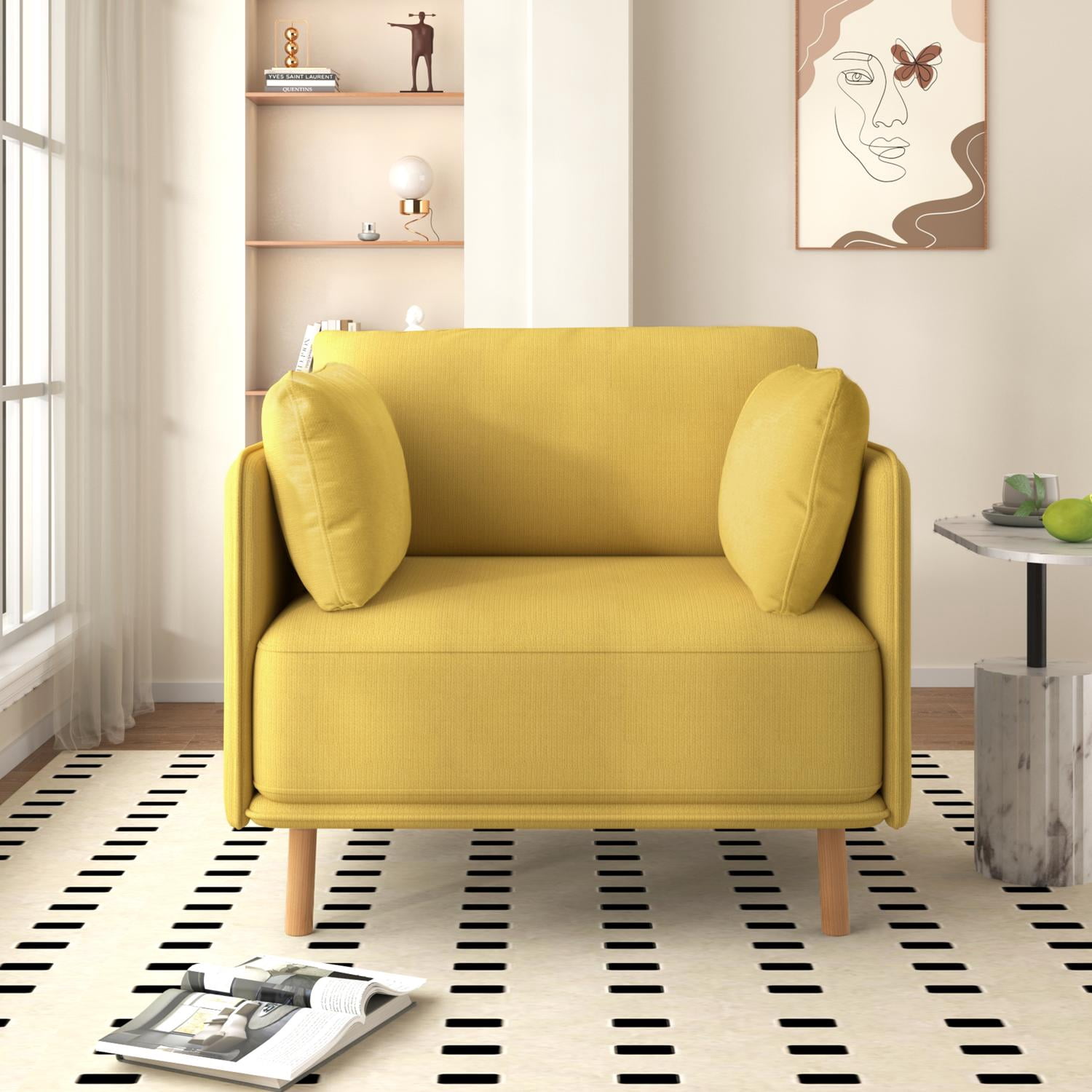 Modern Upholstered Accent Chair with 2 Pillow,Solid Wood Arm Reading Lounge Lazy Sofa for Living Room Bedroom,Guest Room,Yellow