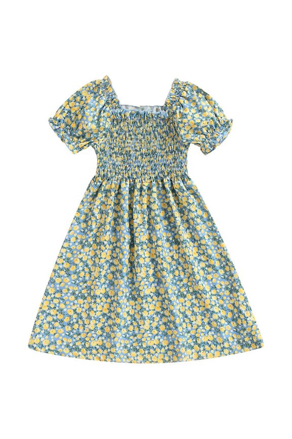 Toddler Girls Sweet Dress, Kid Short Sleeve Ruched High Waist Flared Hem Floral Print Dresses