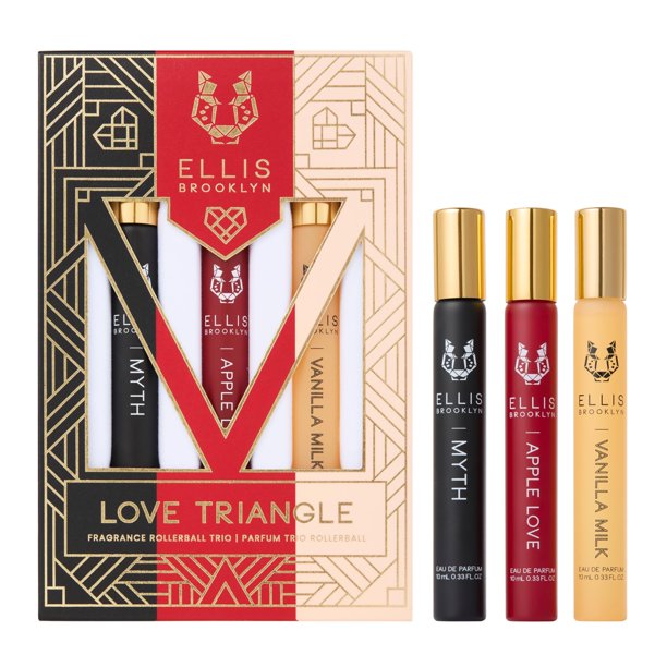 Ellis Brooklyn LOVE TRIANGLE Rollerball Trio - Perfume limpio para mujer APPLE LOVE VANILLA MILK MYTH Rollerball Perfume Tamaño de viaje Perfume Set de regalo