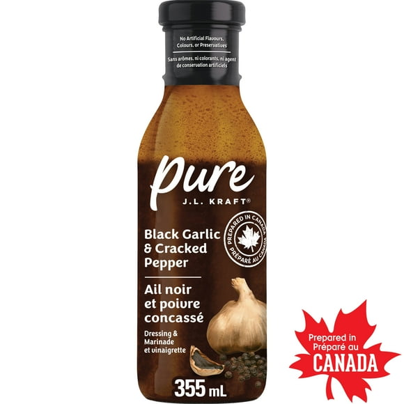 J.L. KRAFT Pure Black Garlic & Cracked Pepper Dressing & Marinade, 355 mL Bottle