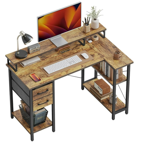 CubiCubi L Shaped Computer Desk with Monitor Stand & Shelves, 47 Inch Corner Home Office Desk Writing Table with Storage Drawer, Brown
