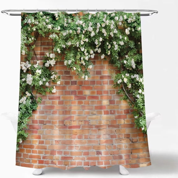 Red Brown Brick Wall Shower Curtain Green Leaves White Floral Plants Cover Wall Vintage Garden Landscape Country Rustic Wall Scenery Nature Plant Fabric Bath Curtain with Hook