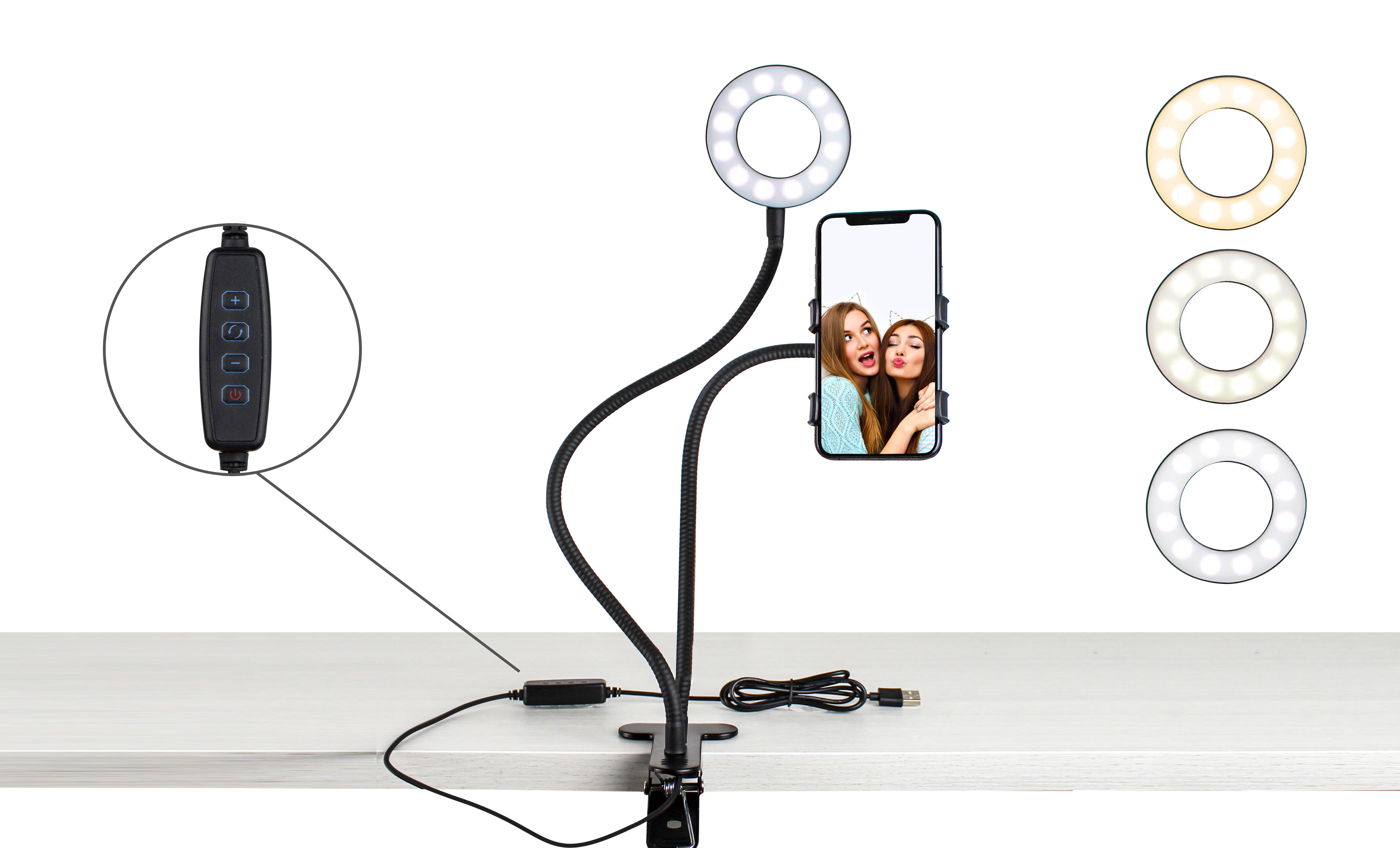 Aduro U-Stream Selfie Ring Light with 24” Gooseneck Stand and Cell Phone Holder, Social Media Influencer Live-Streaming Phone Mount and Light Kit Rose Gold