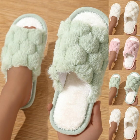 BinBiL Women's Fuzzy Slip-on Slippers Soft Comfy Memory Foam Indoor House Shoes White-B 10(44)