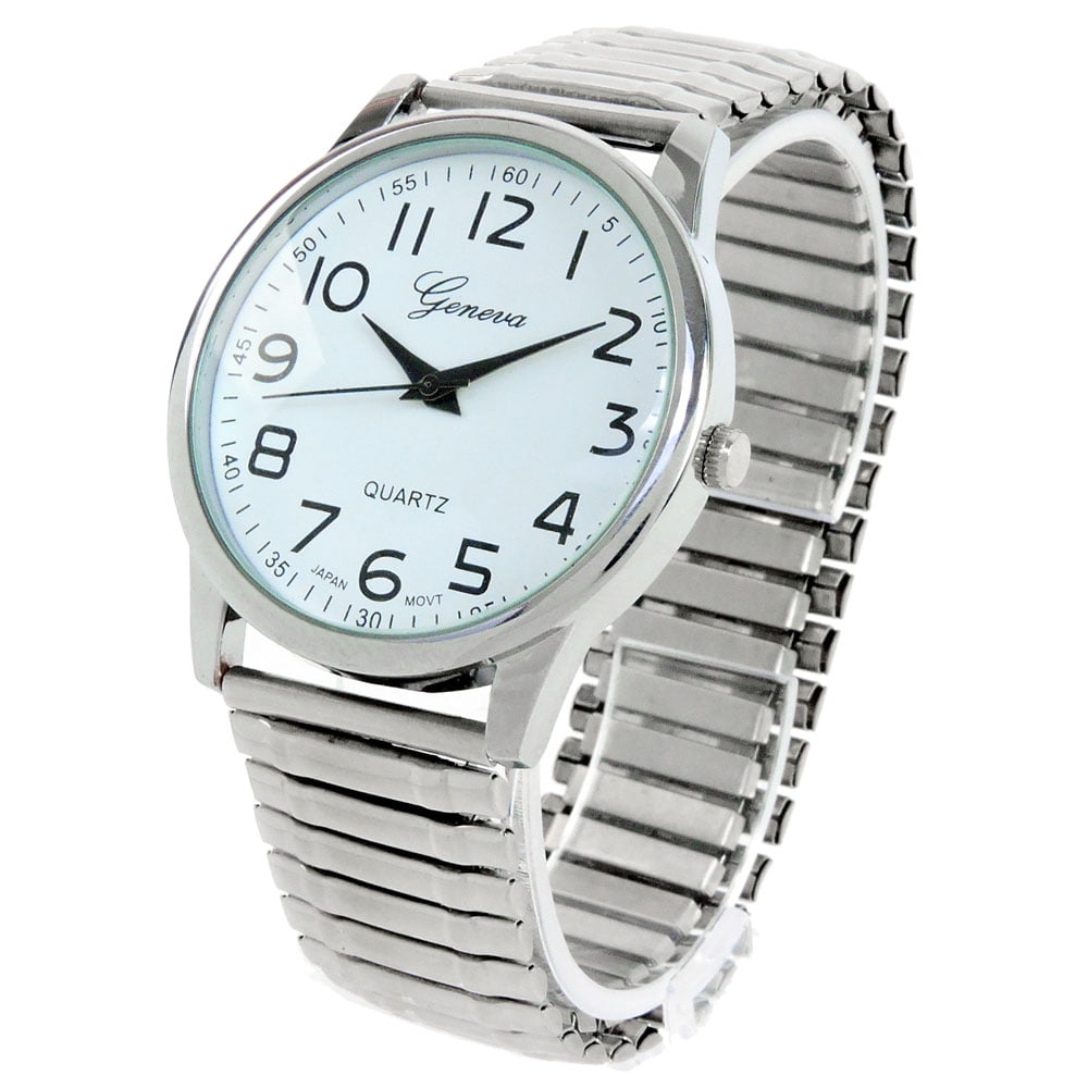 Silver Large Face Easy to Read Stretch Band Watch