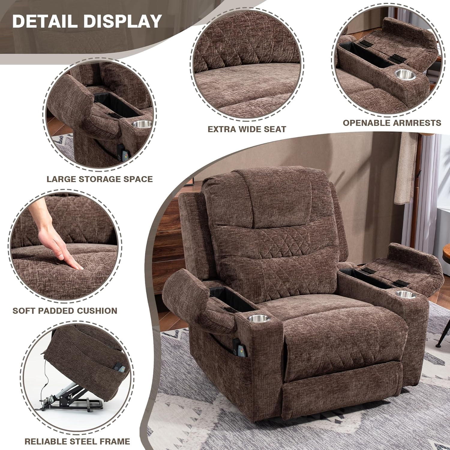 Lift Chair with Heat and Massage, Zero Gravity Lay Flat Recliner with Cup Holders & Adjustable Seat for Adults Living Room Lounge Recliners on Clearance