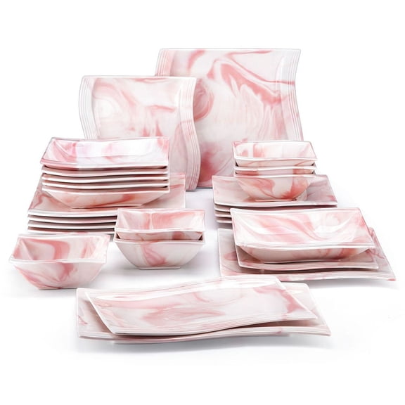 MALACASA 26-Piece Porcelain Dinnerware Set, square Dish sets for 6, pink
