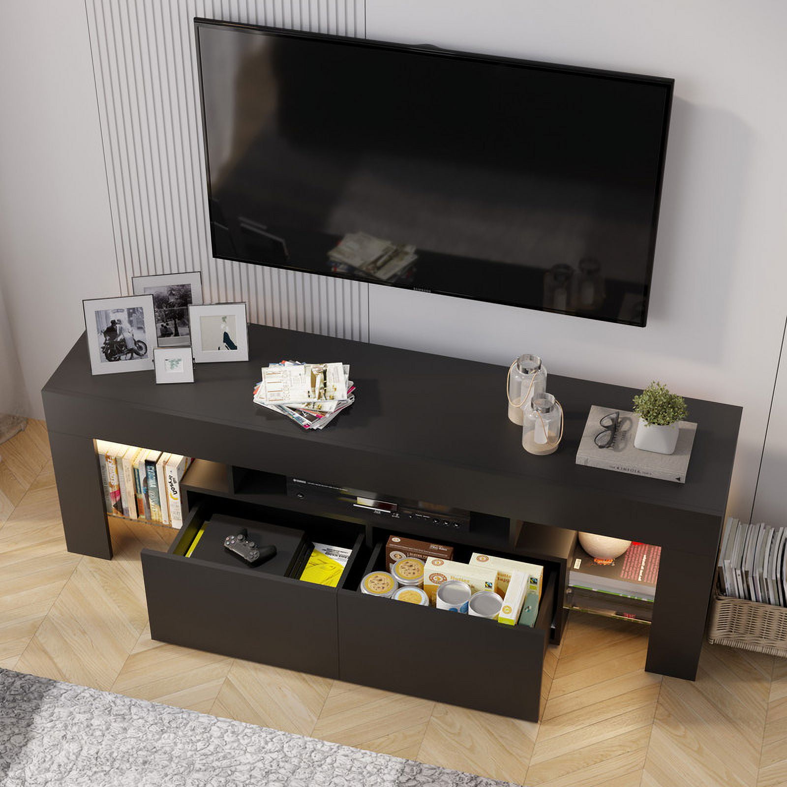 Homall 63'' TV Stand for TVs up to 70'', TV Stand with Remote LED Lights, Black Modern Entertainment Center with Soft-Close Drawers & Adjustable Shelves for Living Room, Black