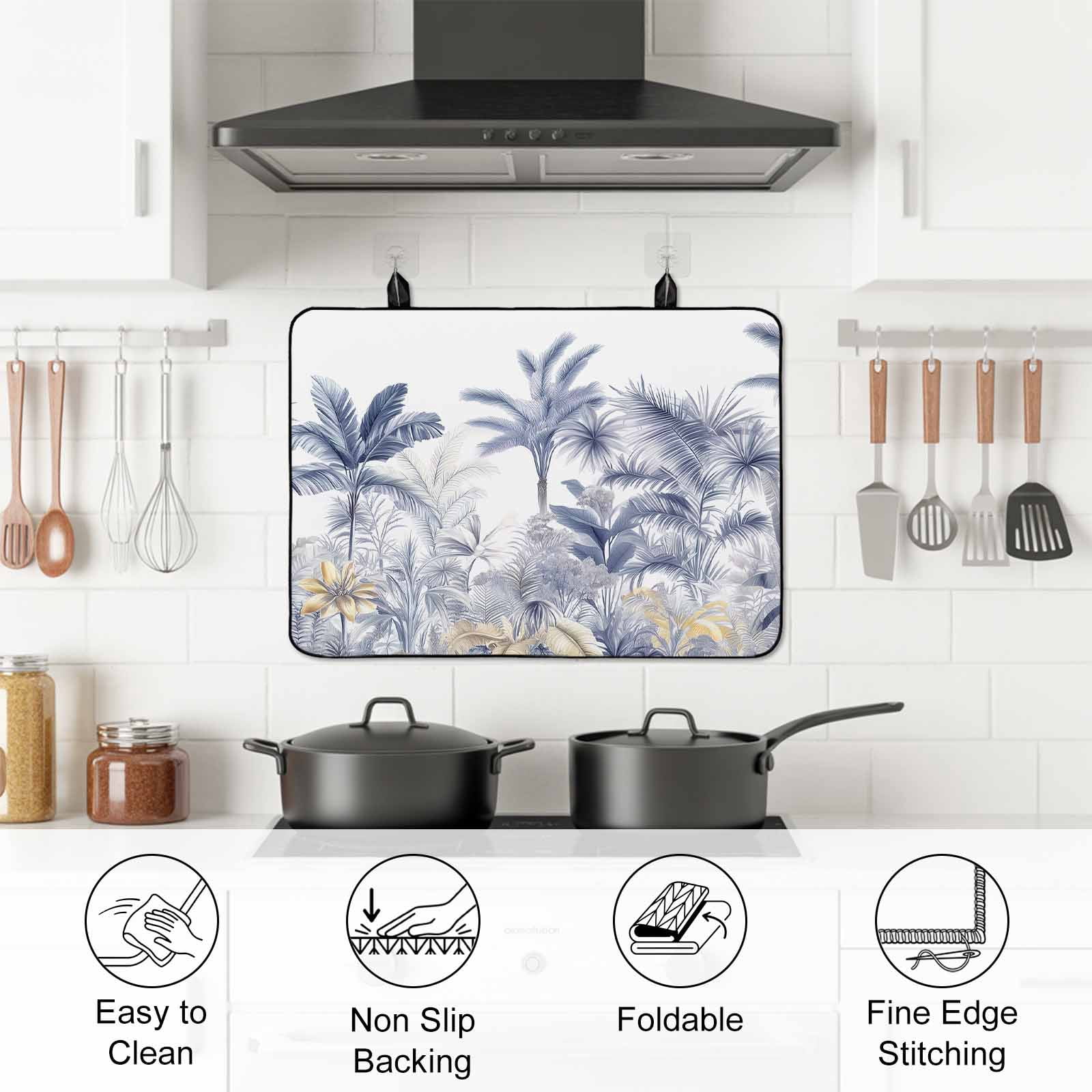 Blue Yellow Palm Tree Stove Top Cover for Electric Stove, Heat-proof & Non Slip Glass Top Stove Cover Protector, Summer Botanical Tropical Kitchen Flat Cooktop Rubber Mat 24x21 Inches