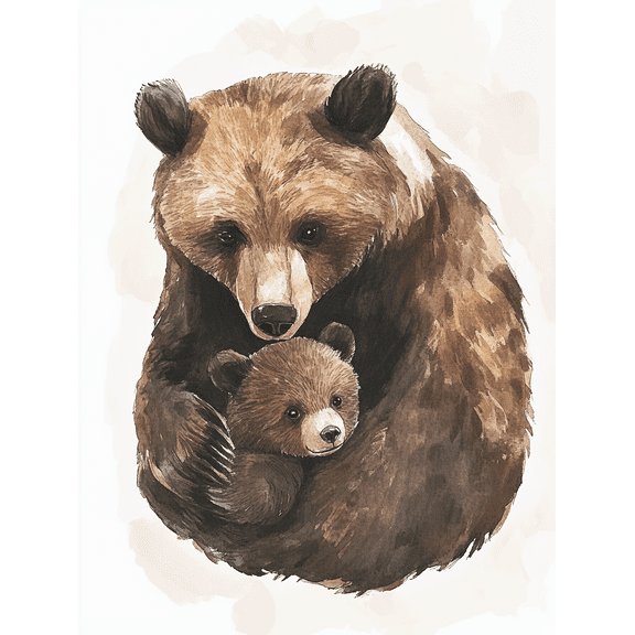 Mother Bear and Cub Watercolor Painting/Canvas Print, Suitable for Living Room, Bedroom, Nursery, Office, and Gallery Wall Decor.