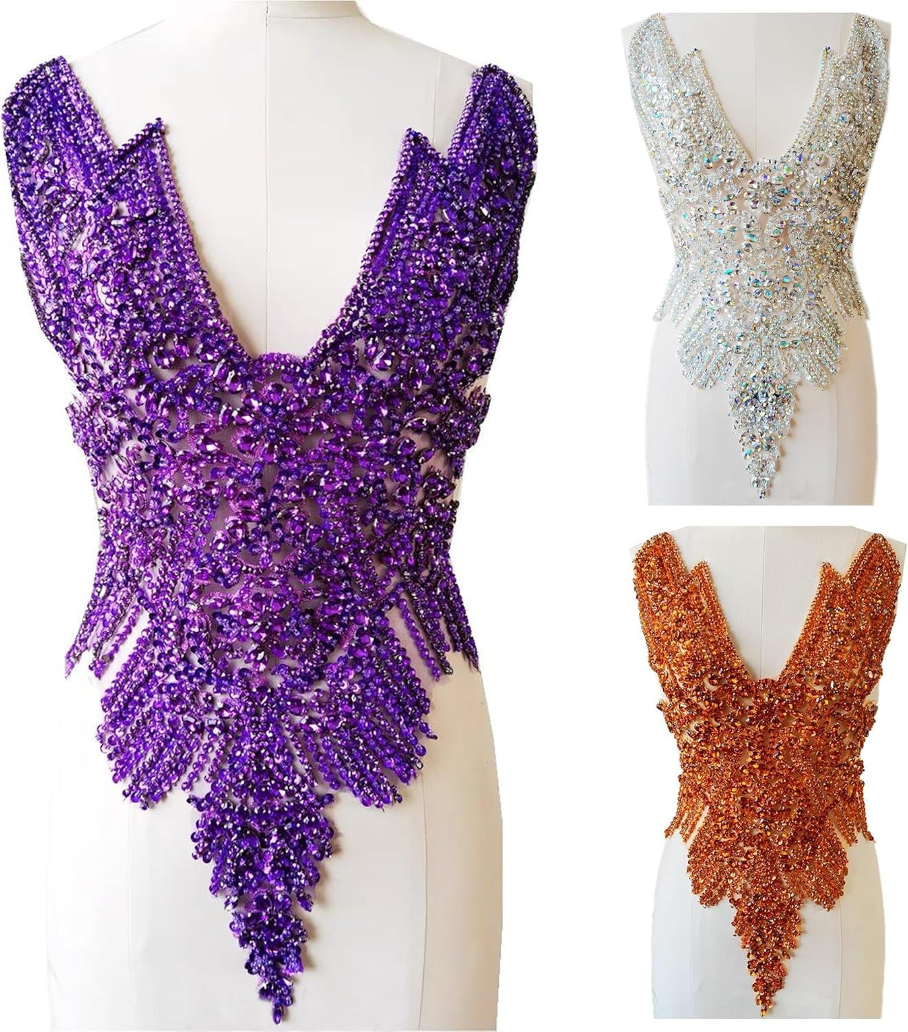 Handmade Rhinestone Applique: 3D Rhinestone Fabric Patches - Dress Appliques Beaded Embroidered Trim, Bodice Applique for Sewing Clothes Wedding Bridal Dress Decorative, 24.4x14.17inch (White)