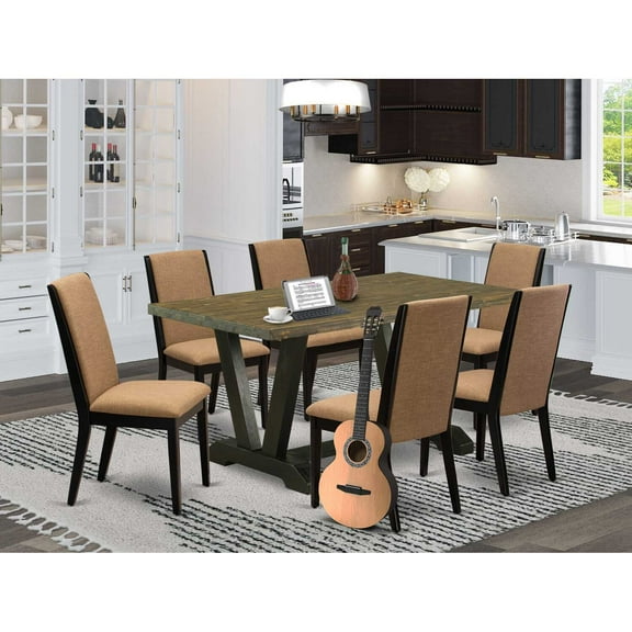 East West Furniture V676LA147-7 7-Piece Stylish a Superb Distressed Jacobean Dining Table Top and 6 Gorgeous Linen Fabric Dining Chairs with Stylish Chair Back, Wire Brushed Black Finish