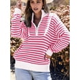 thumbnail image 3 of Women Striped Half Zip Long Sleeve Ribbed Knit Pullover Comfy Casual Light-Weight Tops Fall Fashion Pink S, 3 of 6