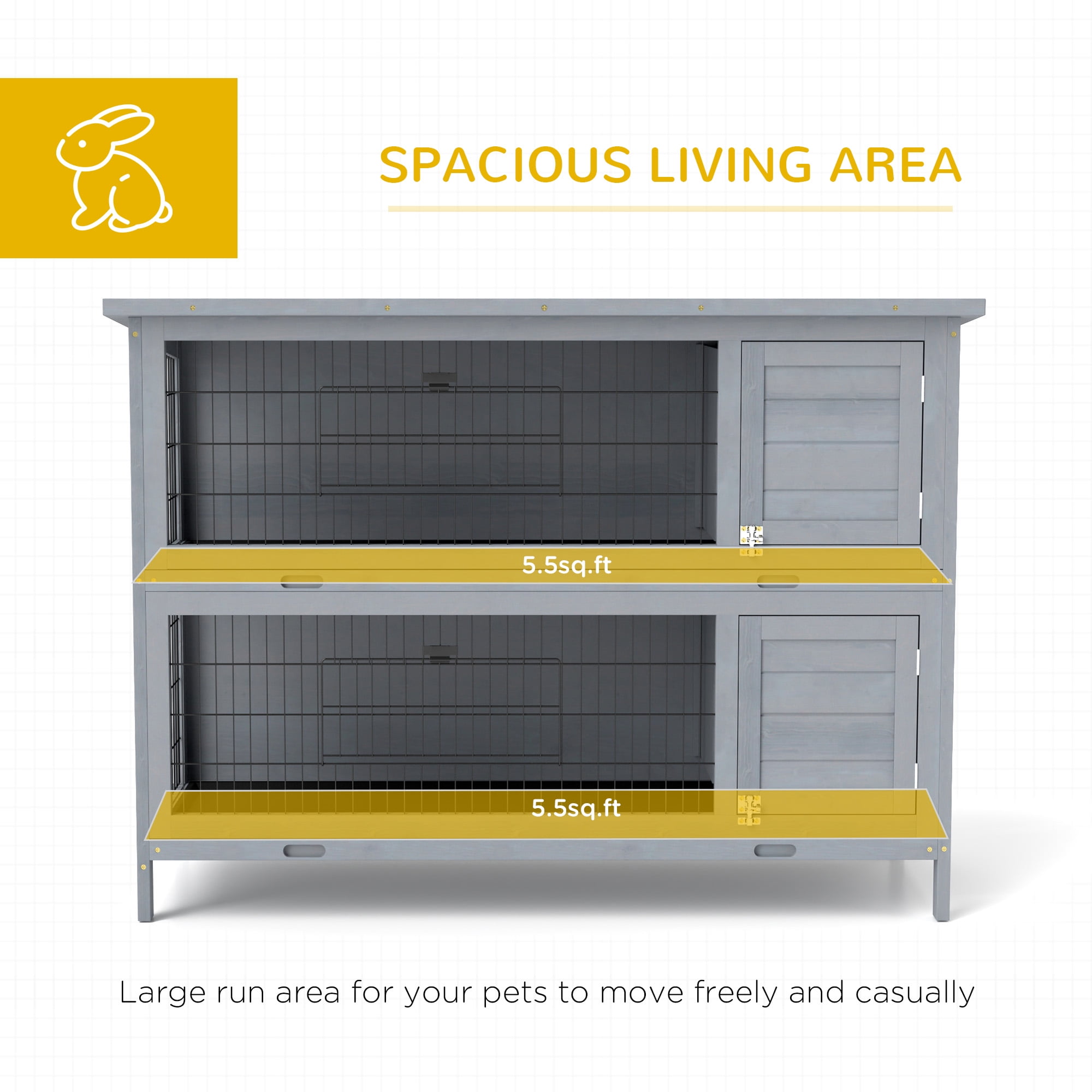 PawHut 54" 2-Story Large Rabbit Hutch Bunny Cage Wooden Pet House Small Animal Habitat with Lockable Doors, No Leak Tray and waterproof Roof for Outdoor/Indoor Grey