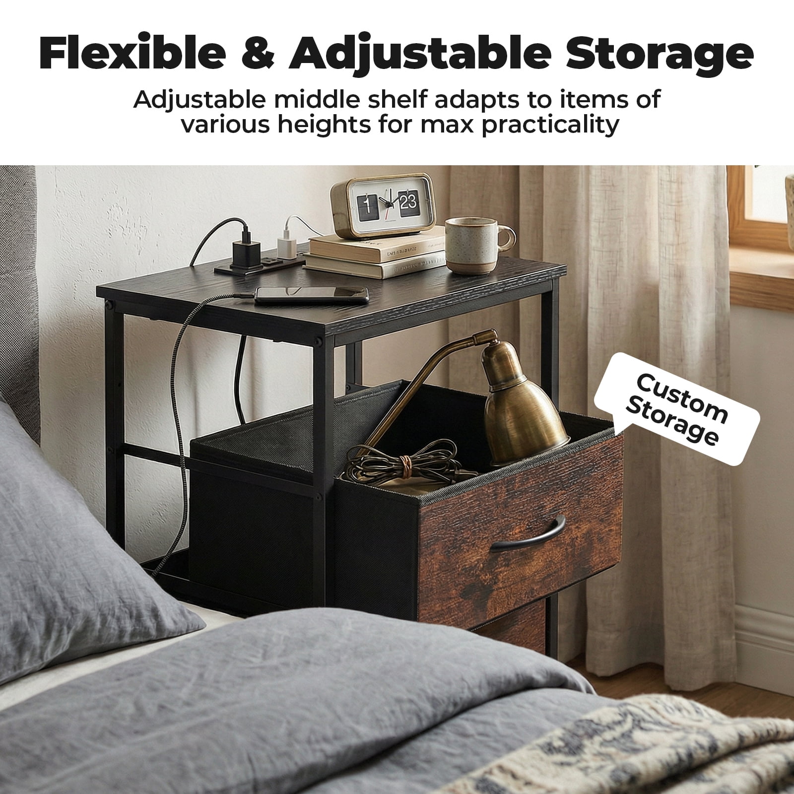 Alvantor Bedside Table Charging Station Nightstand with Fabric Drawers, End Side Table for Bedroom Living Room