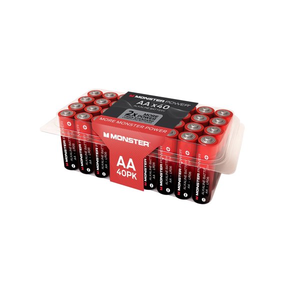 Monster Power Pilas Alcalinas AA Paquete de 40, Pilas LR6 Doble A de 1.5V, Energía Duradera y Resistente a Fugas para Controles Remotos, Juguetes, Linternas y Dispositivos Del Hogar