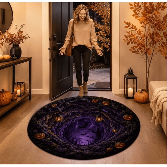 3D Halloween Rugs, Funny 3D Illusion Round Halloween Mat 24in, Non-Slip Soft Visual Effect Door Mat, 60cm Indoor Decor Rug for Living Room