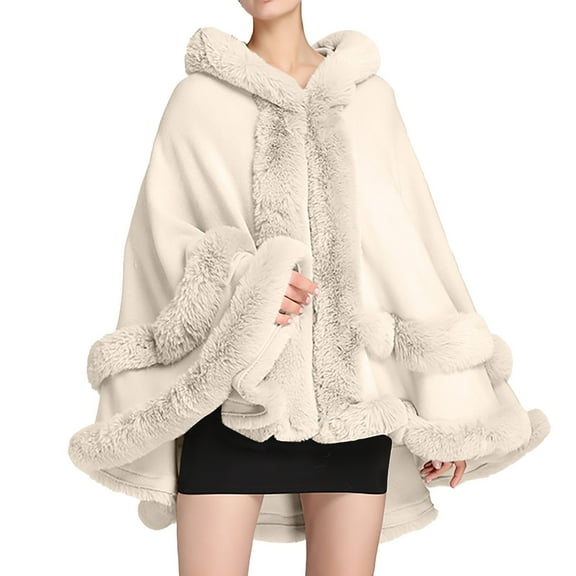 Tiqkatyck Faux Fur Shawl, Women Hooded Poncho Cape Faux Shawl Wrap With Trim Sleeveless Cardigan Cloak Fashion Tops Coat Fur Shawl Shawl Wraps for Women Beige One Size
