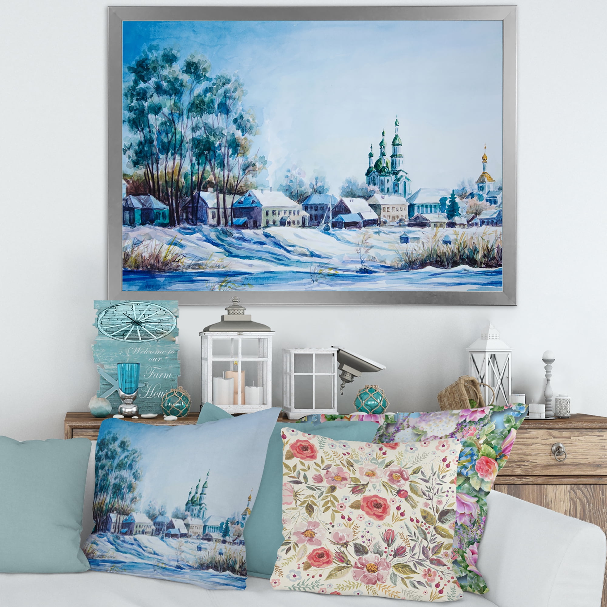 Designart 'Small Town Covered In Snow In Winter Times' Traditional Framed Art Print