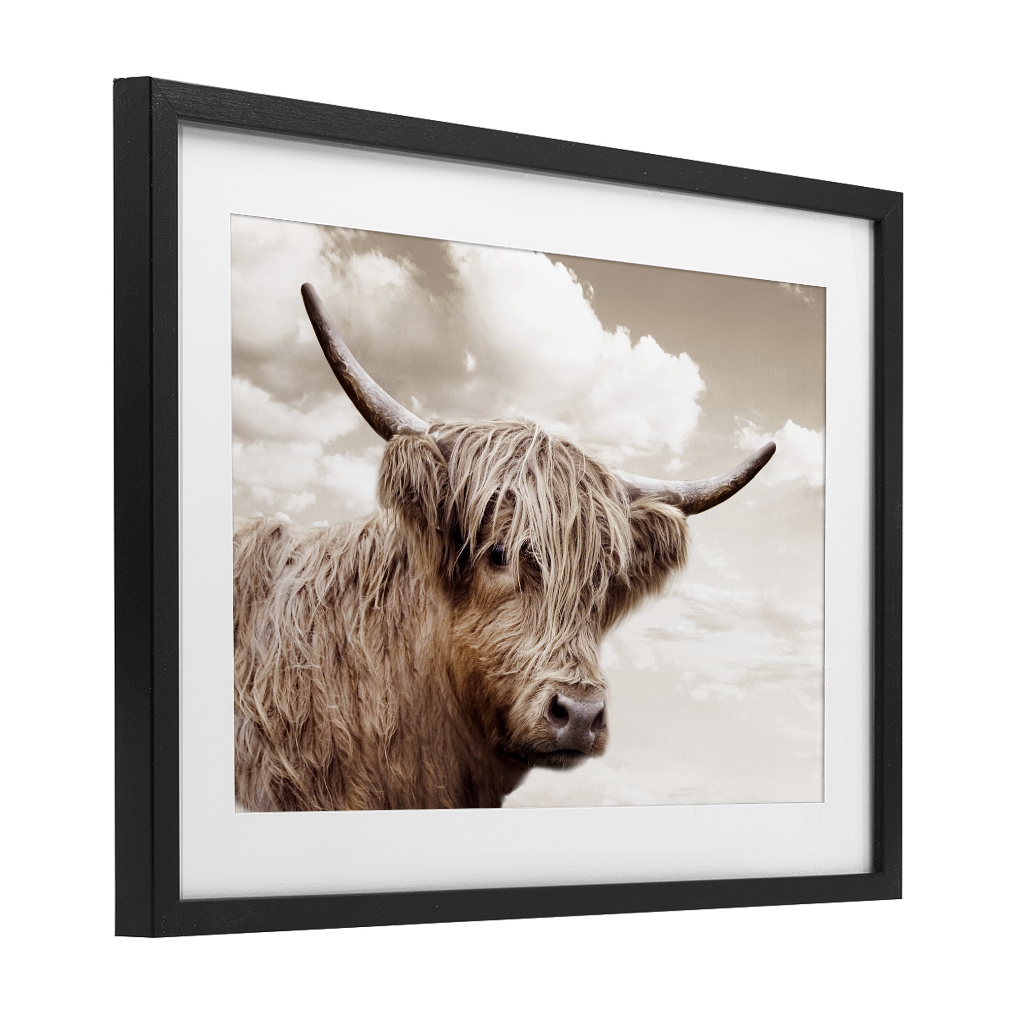 Stupell Industries Shaggy Highland Cow & Clouds Black Framed Print Under Glass, design by CAD Designs
