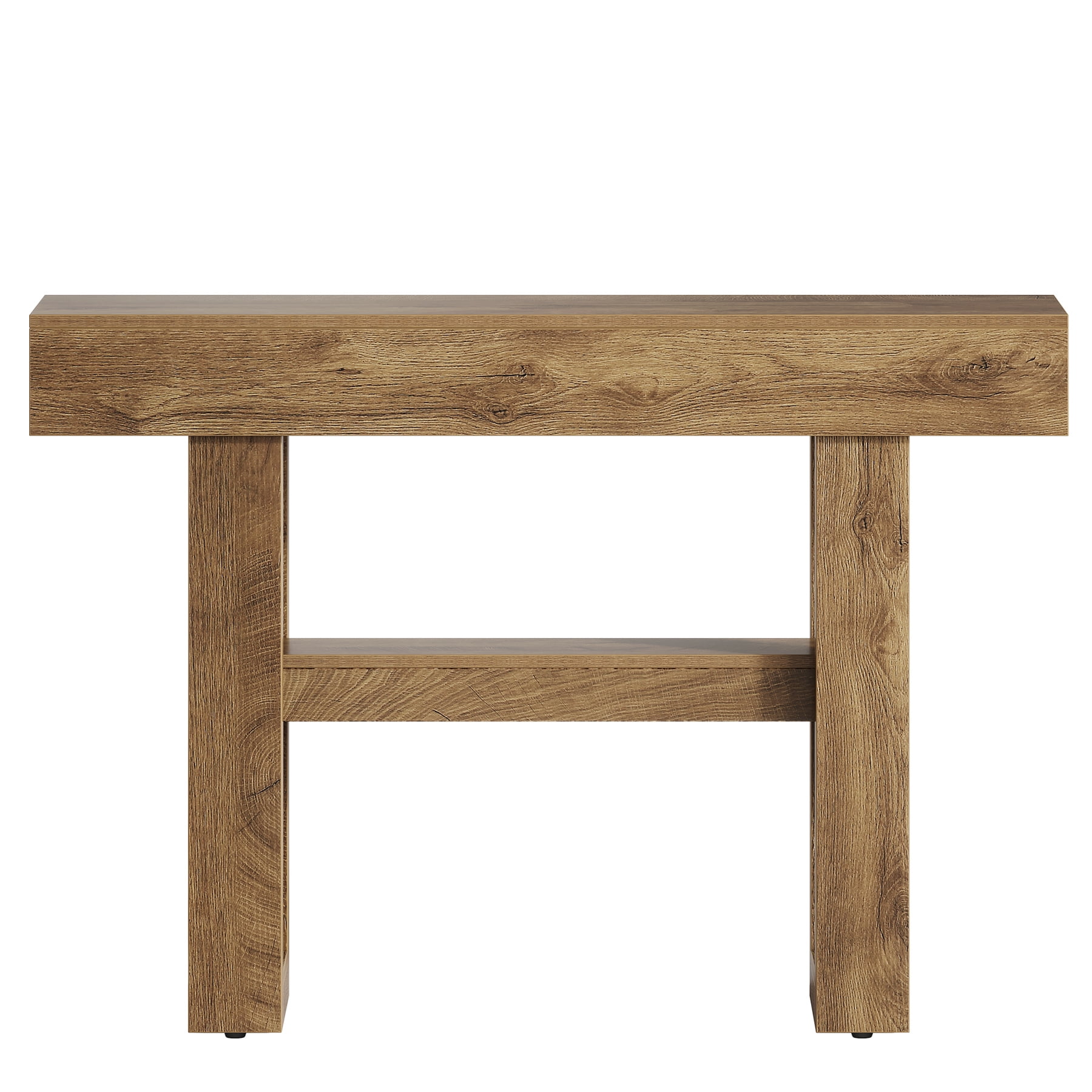 Fnova 41.34" Farmhouse Console Table, Narrow 2-Tier Wood Entryway Table with Storage Shelf, Sofa Table for Living Room, Hallway, Behind Couch, Light Brown