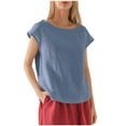 thumbnail image 4 of JUNWELL Lin à la Mode des Femmes Casual Ample Mode à Manches Courtes T-shirt Couleur Unie Col Rond Top, 4 of 7