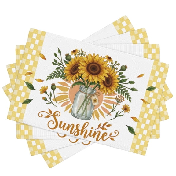 Placemats Set of 4,Summer Washable Heat Resistant Linen Place Mats 12×18, Sunflower Sunshine Vase Buffalo Plaid Decorative Table Mats for Dining Table and Kitchen