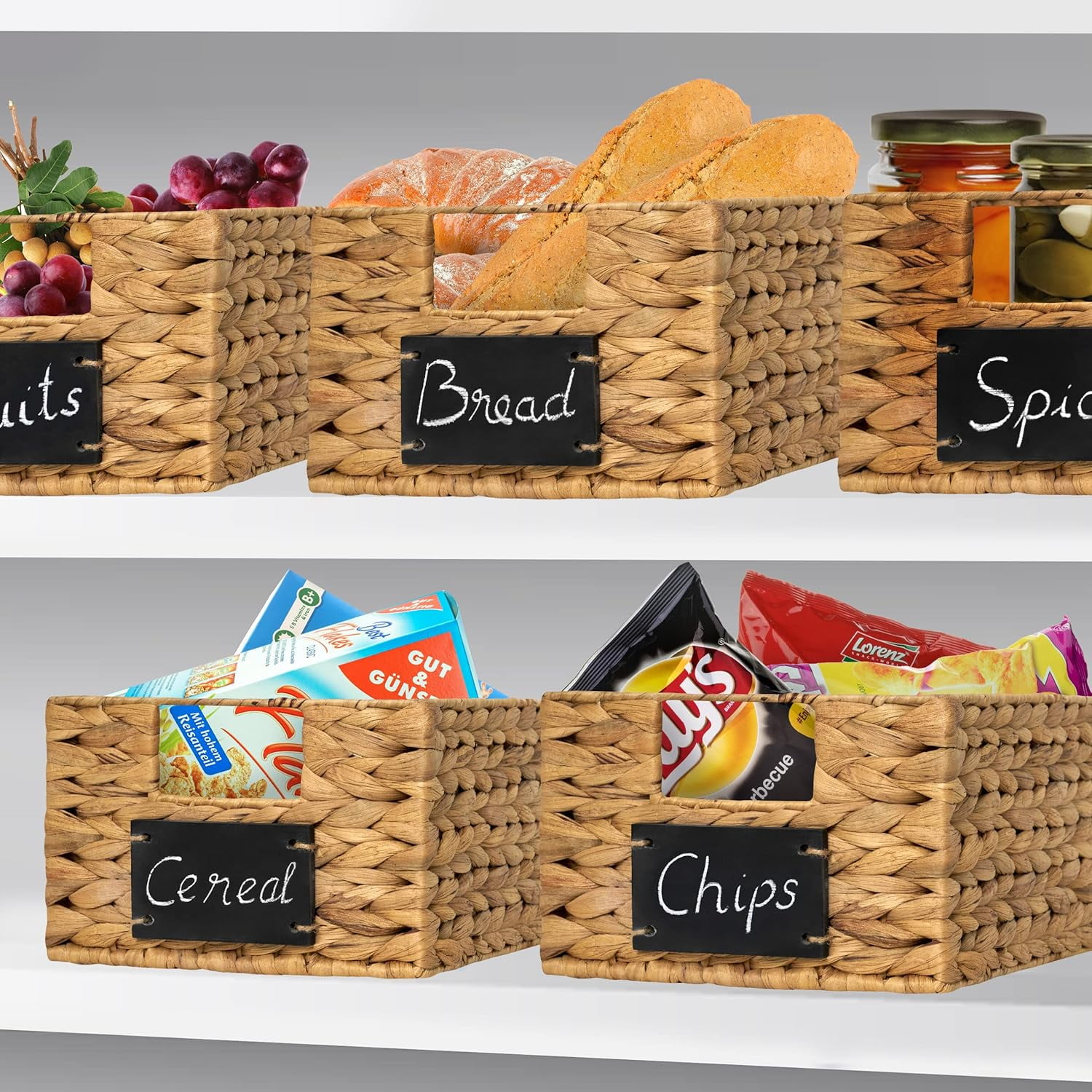 BARIEN 6 Pcs 12" x 9" x 6" Natural Water Hyacinth Woven Storage Baskets, Rectangular Wicker Basket with Built-in Handles, Woven Cube Storage Bin with Chalkboard Label Chalk Marker