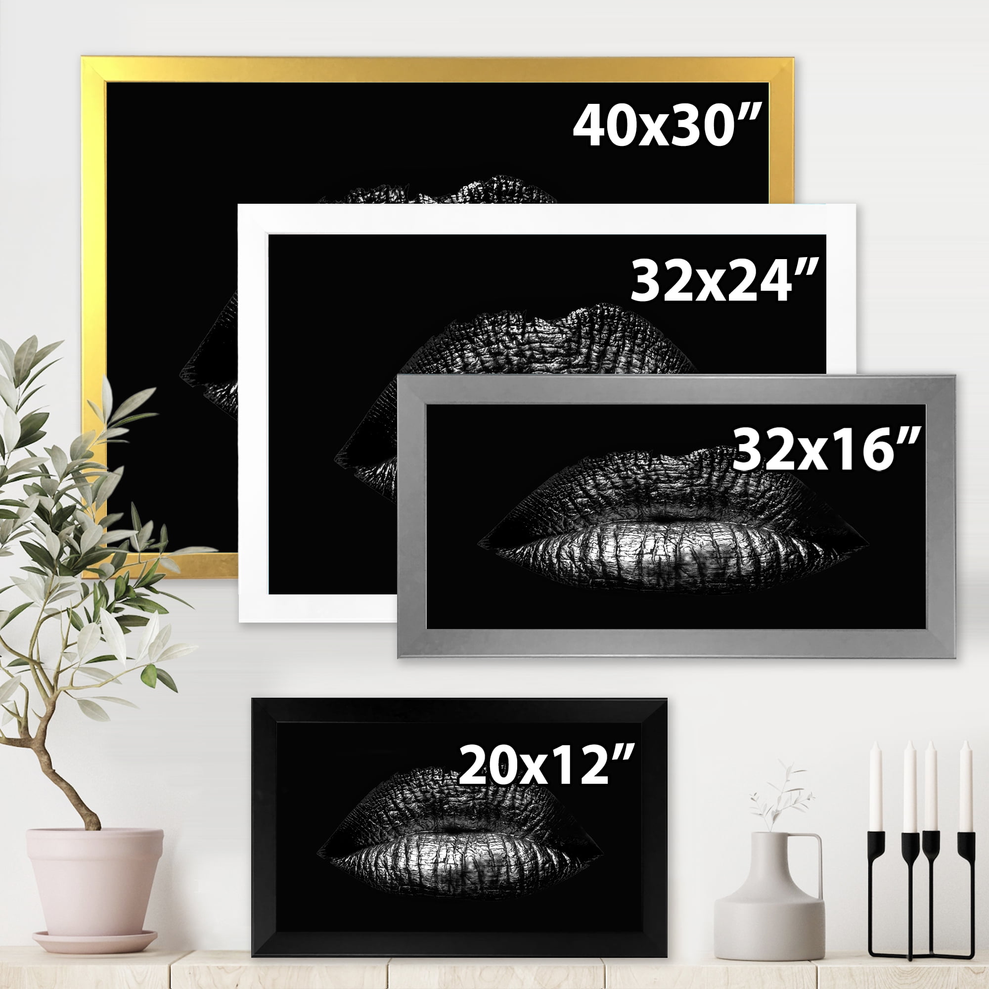 Designart 'Sexy Golden Metallized Woman Lips I' Modern Framed Art Print