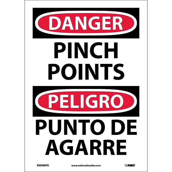 Danger Labels; Pinch Point, Bilingual, 14X10, Adhesive Vinyl
