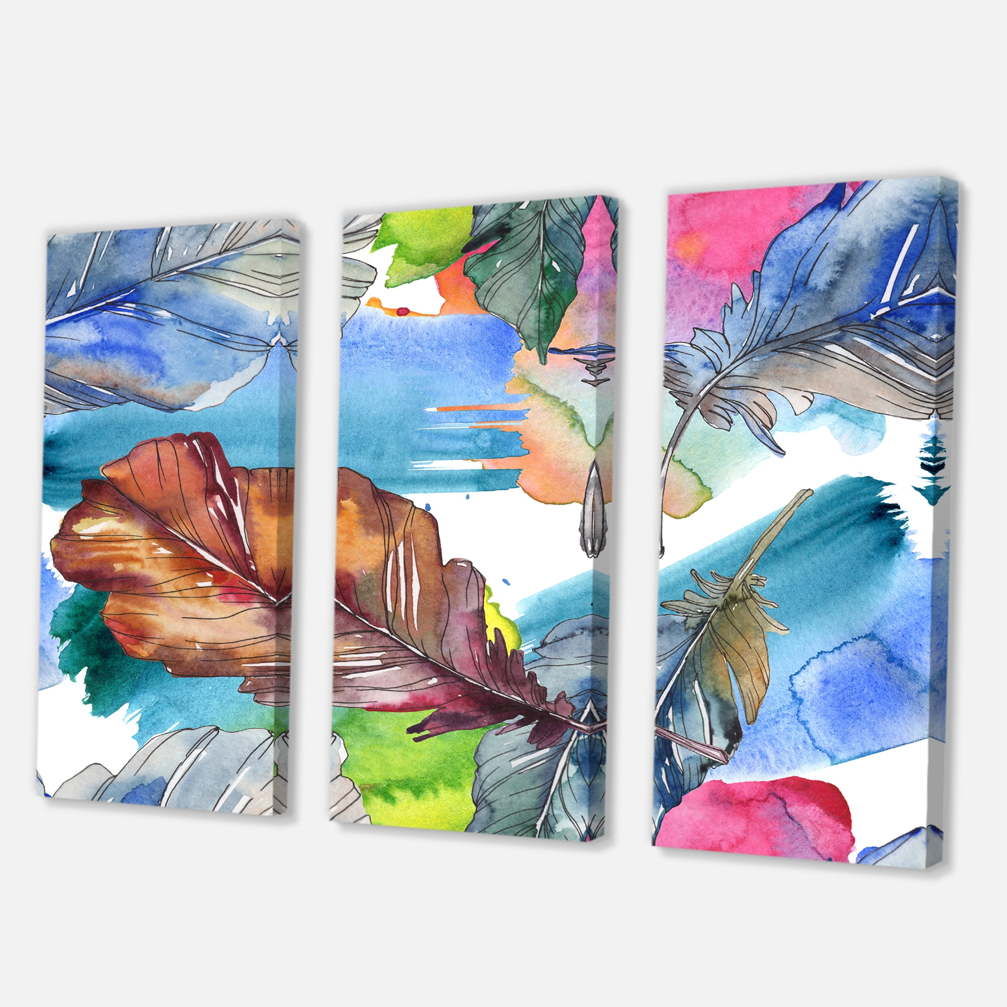 Designart ' Bird Feather In Pink and Blue ' Traditional Canvas Wall Art Print
