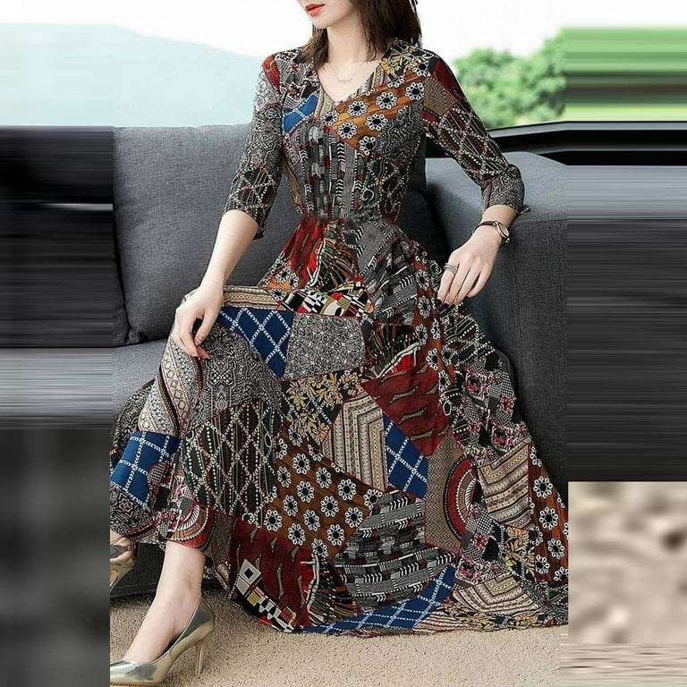 Dresses for Women 2023 Ahomtoey Women V-Neck Seven-Quarter Sleeve Long  Dress Ladies Floral Print A-line Dress Early Access Deals Gift for Adults  Great