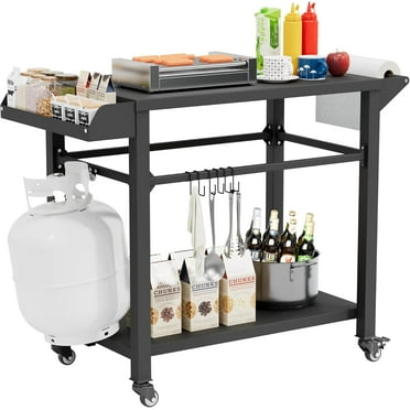 SOLAURA Outdoor Grill Table with Wheels, Movable Food Prep Table Stand, Dining Cart Table Fits Grill and Pizza Oven for Camping Parties and BBQs