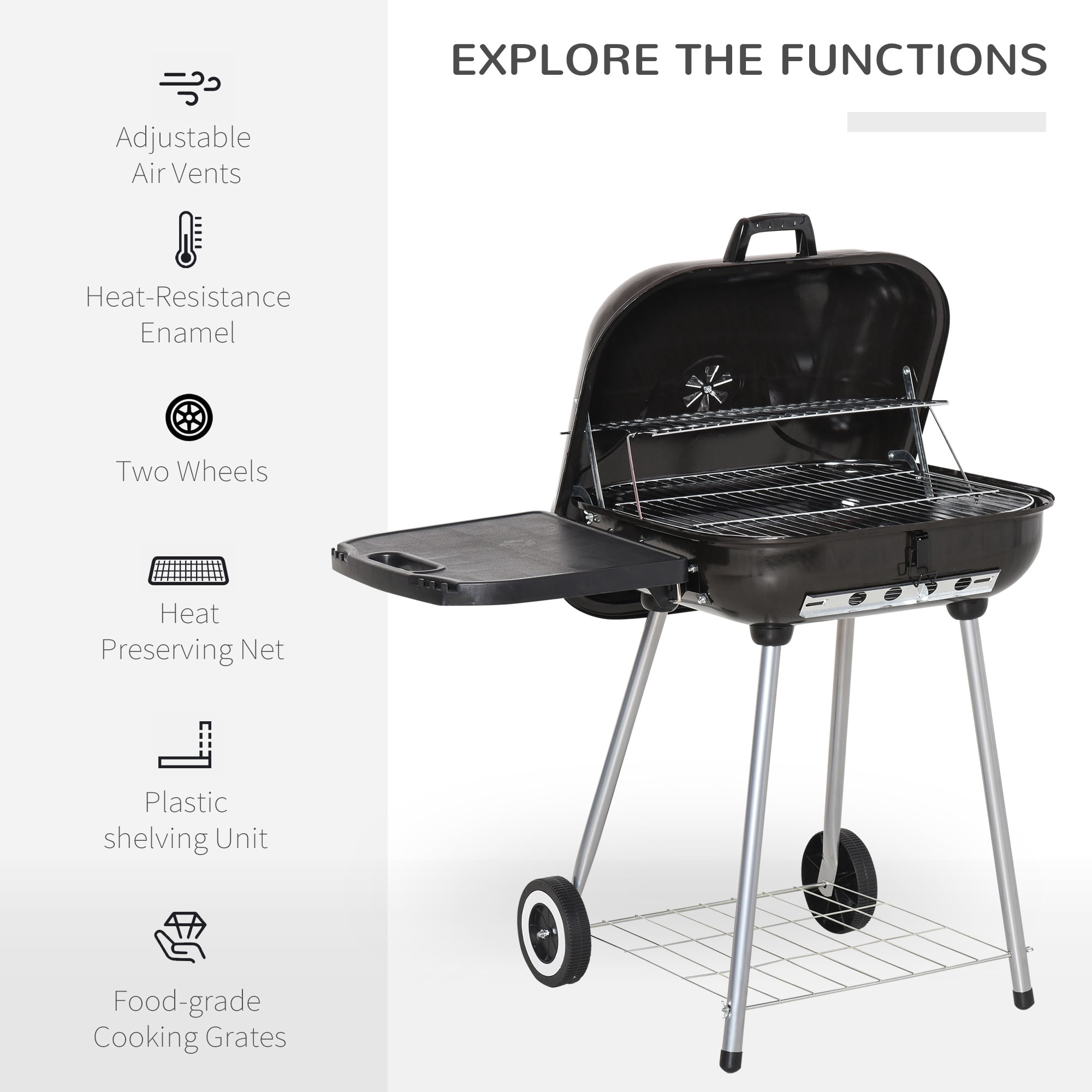 TOPCOMFY Portable Charcoal Grill with Lockable Lid, Folding Shelf, Warming Grate, Chromed Cooking Grate, Steel Construction for Outdoor Camping, Picnics, Backyard BBQ