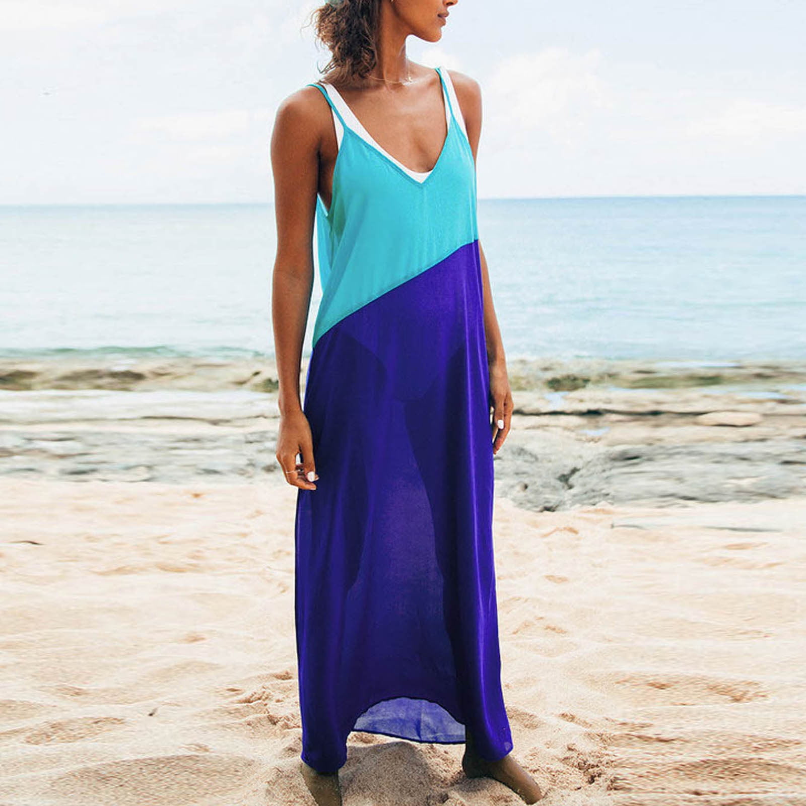Womens Sexy Sheer Mesh Long Maxi Dress Sleeveless V-Neck