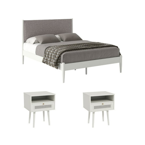 Roundhill Furniture Feeney 3-Pc Bedroom Set, Platform Bed with Two Nightstands, Cream White, Queen