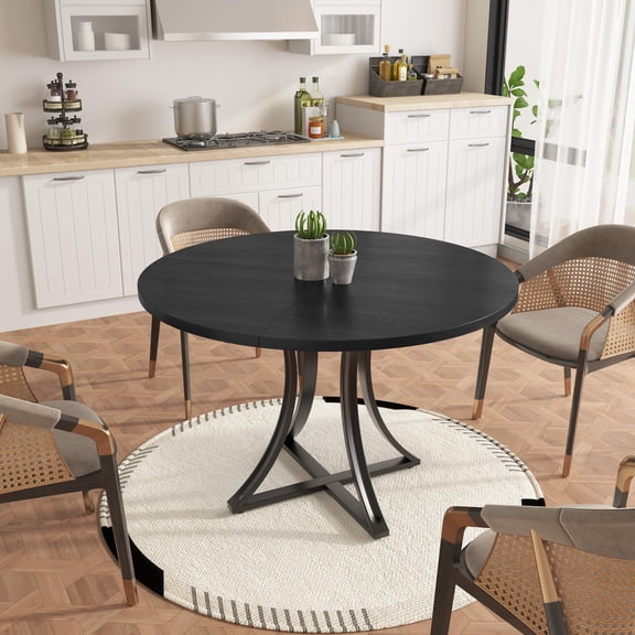 40" Industrial Round Dining Table for 4-6 – Sturdy Black Metal X-Base, Vintage Modern Design – Space-Saving for Dining Room, Kitchen & Living Room