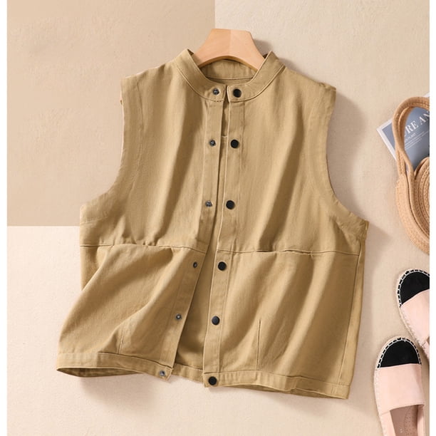 Chaquetas y abrigos casuales sin mangas y sin capucha para mujer, chaleco de lino vaquero, cárdigan informal de tendencia sin mangas de mezclilla, abrigo para mujer