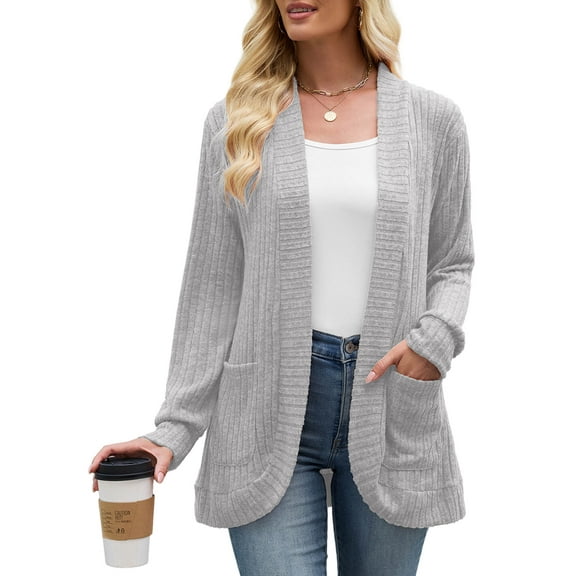 Chiclily Womens Open Front Fall Cardigan Long Sleeve Cozy Knit Sweaters with Pockets, Light Gray L