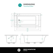 Fine Fixtures Drop In White Soaking small Bathtub, Fiberglass Acrylic Material, 60L x 30W x 19H - Brass Trip Lever Included