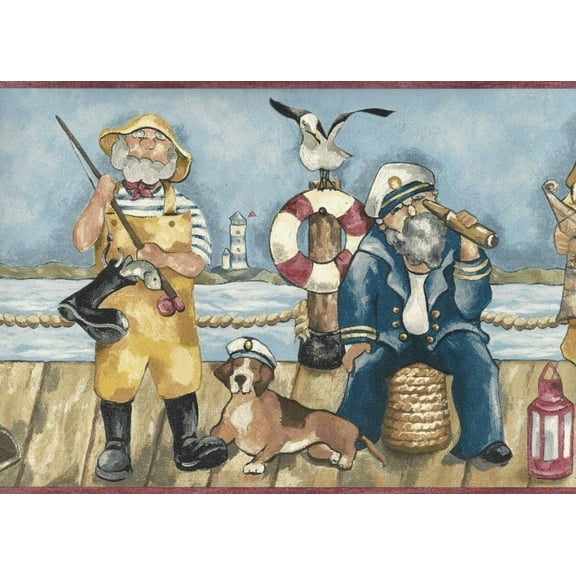 879155 Comical New England Fishermen on Dock Wallpaper Border PB58024b