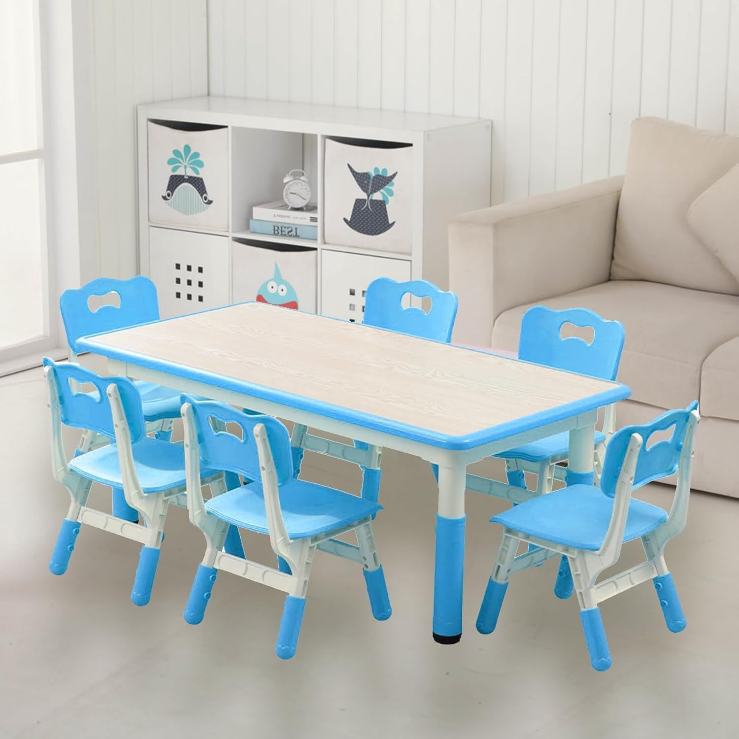 COZONY Adjustable Kids Table and 6 Chairs Set, Toddler Play Activity Table Set with Graffiti Desktop for Reading, Drawing, Eating, Studying, Aged for 2-10, Blue