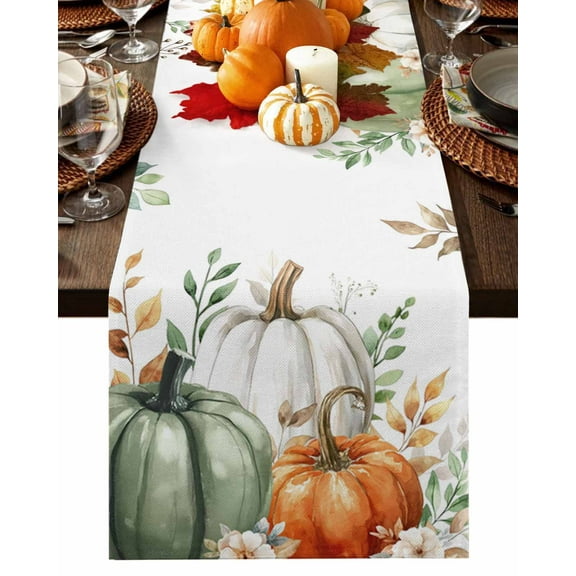 Fall Table Runner Thanksgiving Sage Green Pumpkin Table Runners Floral Eucalyptus Leaves Cotton Linen Dresser Scarf Kitchen Dining Table Decor for Fall Holiday Party Decor 13x36 Inch