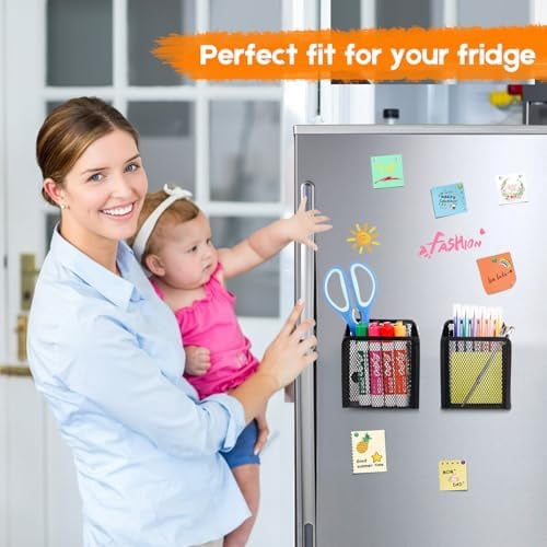 Tekola Magnetic Pencil Holder - Extra Strong Magnets Mesh Marker Holder Perfect for Whiteboard, Refrigerator and Locker Accessories (1 Basket, 2 Packs Black)