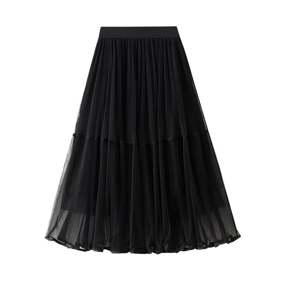 SWSMCLT Women's Pleated Tulle Skirt Calf Length Tulle Fall Spring Flowy Skirt A Line Summer Layered Elegant Black Small-Large