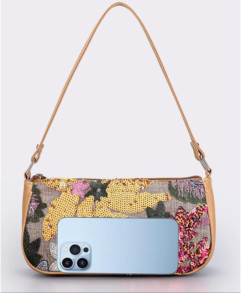 Women's Floral Embroidery Handbags Sequins Shoulder Bags Summer Party Handbags Glitter Underarm Backpacks