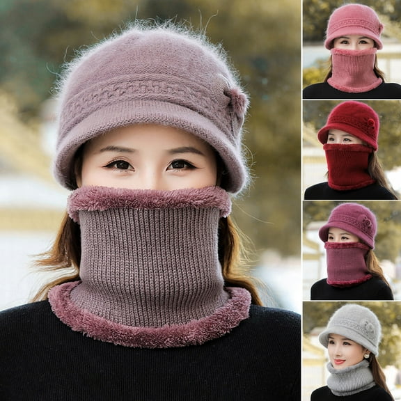 Naierhg Beanie Mother Winter Hat Scarf Set Bow-knot Neck Protection Solid Color Thicken Knitted Keep Warm Elastic Short Brim Skiing Hat Scarf Set Women Clothes AccessoryLight Brown