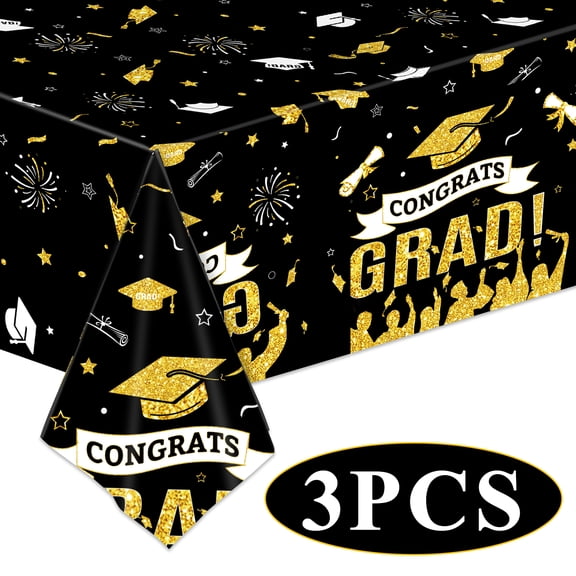 Graduation Tablecloth Decorations Graduation Party Supplies Disposable Gongrats Grad Tablecover Party Favors 54"x108" 3 pcs Patten 3 Black