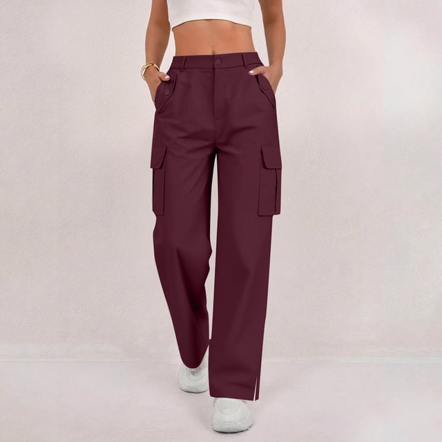 Timegard Cargo Pants Women Elastic Waist Button Straight Leg Loose Active Outdoor Side Split Trousers Fall